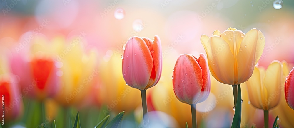 Aufkleber field filled with vibrant tulips adorned with sparkling water droplets, enhancing their beauty. with