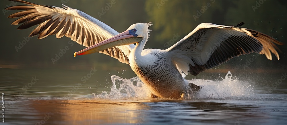 Poster pelican descends onto water smoothly, spreading wings wide during landing. with copy space image. pl