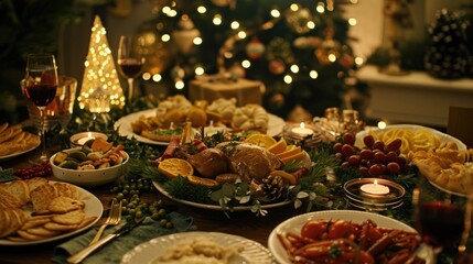 Fototapeta premium A table set with festive food and a Christmas tree in the background, suitable for holiday season or winter theme