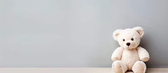 Cute teddy bear wearing a plain white t-shirt sitting against a wall in a cozy room. with copy space image. Place for adding text or design