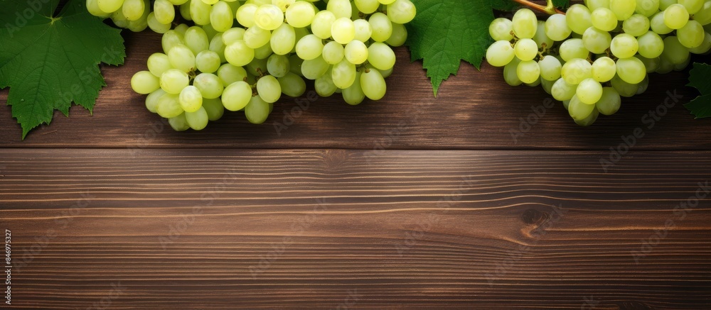 Poster ripe green grapes arranged on a rustic wooden table, creating a beautiful top view food background. 