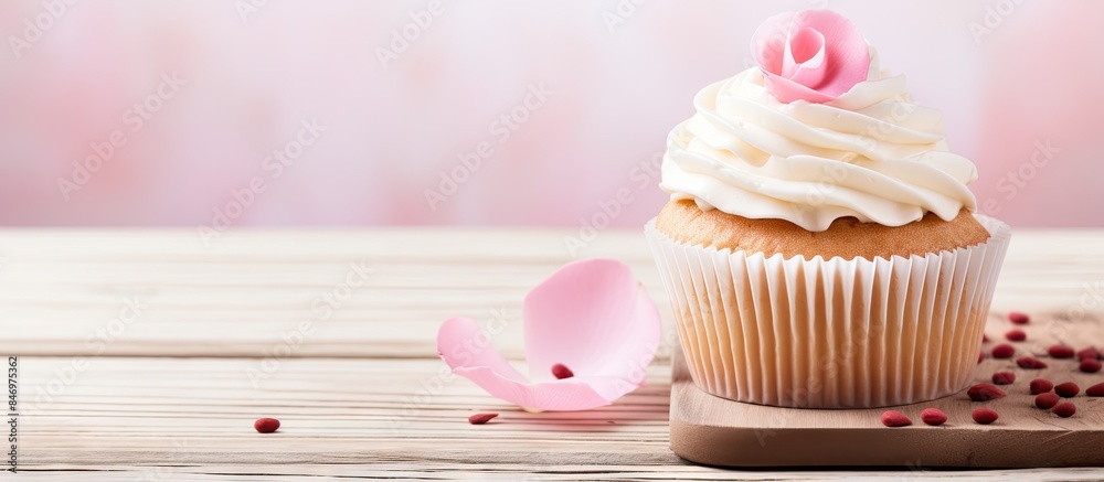 Fototapete vanilla cupcake adorned with blush pink icing and a decorative rose topping on a wooden surface. wit