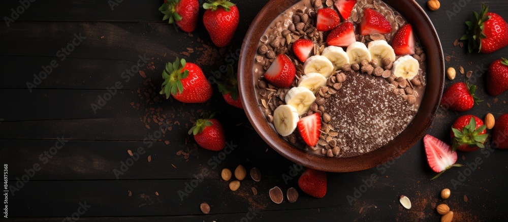 Poster a ceramic bowl filled with a variety of fruits including bananas, strawberries, and peanuts mixed to