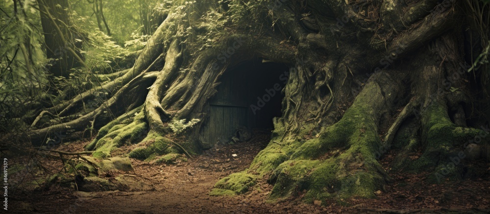 Poster Decrepit, aged tree trunk with hollow center nestled within a dense forest setting. with copy space image. Place for adding text or design