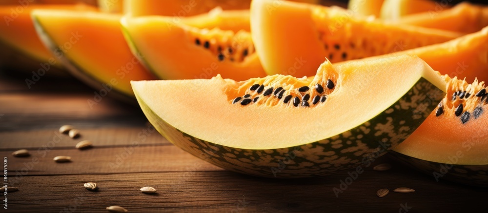 Leinwandbilder juicy cantaloupe slices, complete with seeds and rind, arranged on a rustic wooden countertop. with 