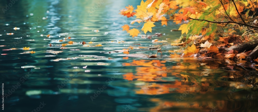 Poster Fall foliage reflects beautifully on the calm surface of the flowing stream. with copy space image. Place for adding text or design