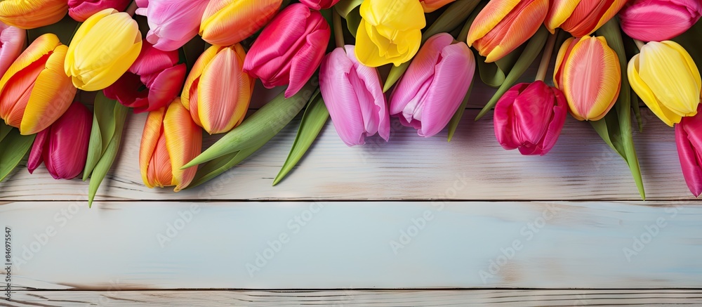 Fototapete bouquet of diverse tulip colors displayed on a clean white wooden table. with copy space image. plac