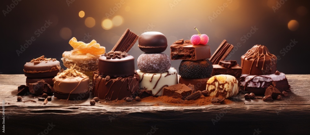 Poster Assorted chocolates of different types neatly arranged on a table, tempting and delicious treats for all chocolate lovers. with copy space image. Place for adding text or design