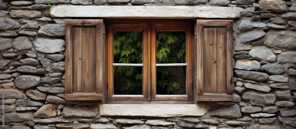 Poster an old-style wooden window set against a rugged stone wall, blending traditional elements. with copy