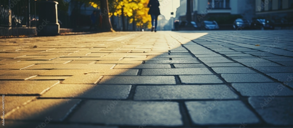 Poster a person leisurely walks on a sunlit city street close to a park with stone pavement, captured from 