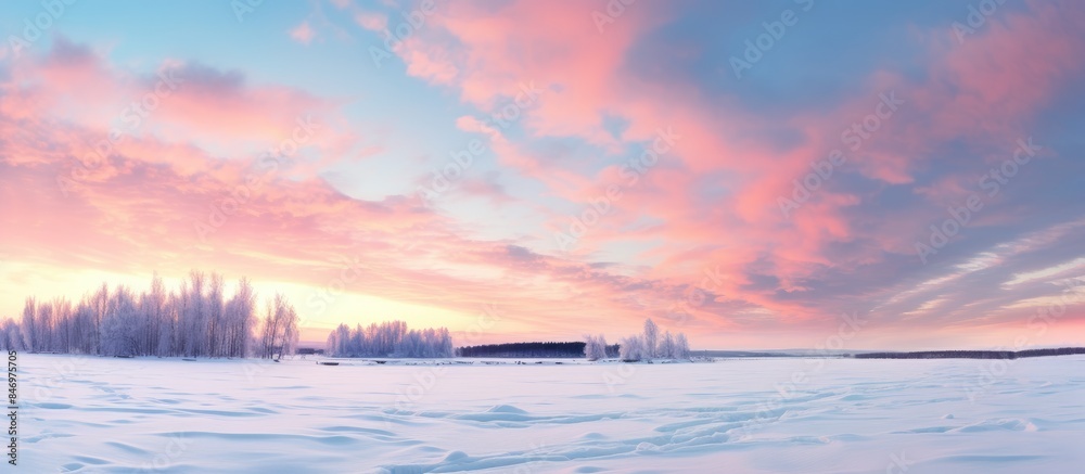 Poster majestic winter scene of a snow-covered field dotted with trees, set against a stunning pink sunset 