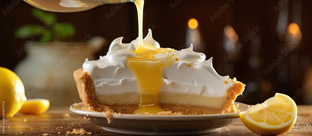 Fototapete a close-up shot of a delectable lemon pie slice as it is being topped with a luscious drizzle of fre