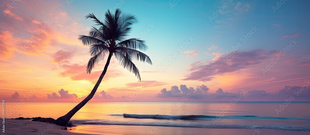 Aufkleber A single palm tree stands alone on the sandy beach as the sun sets in the background. with copy space image. Place for adding text or design