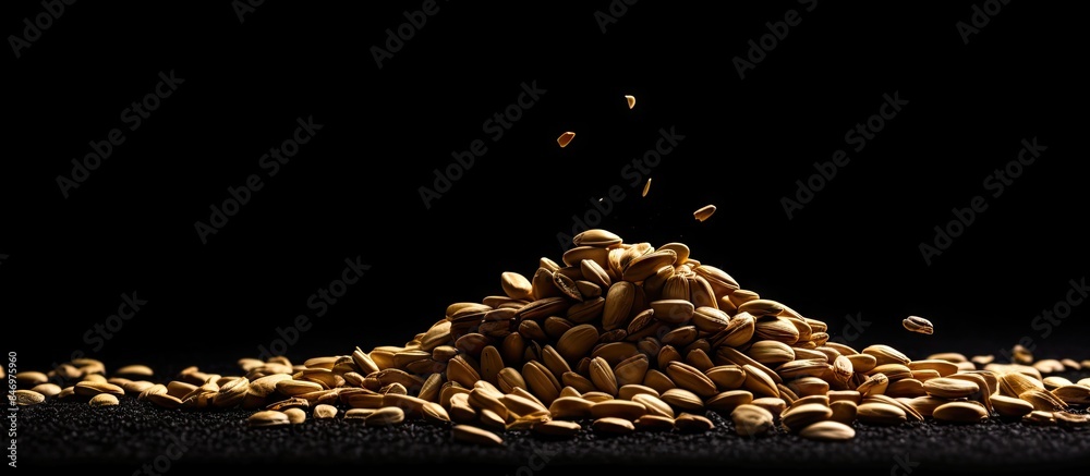 Poster heap of assorted nuts close-up on a black background. with copy space image. place for adding text o