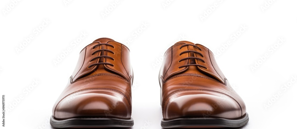Aufkleber Close-up view of a pair of brown shoes resting on a white surface. with copy space image. Place for adding text or design