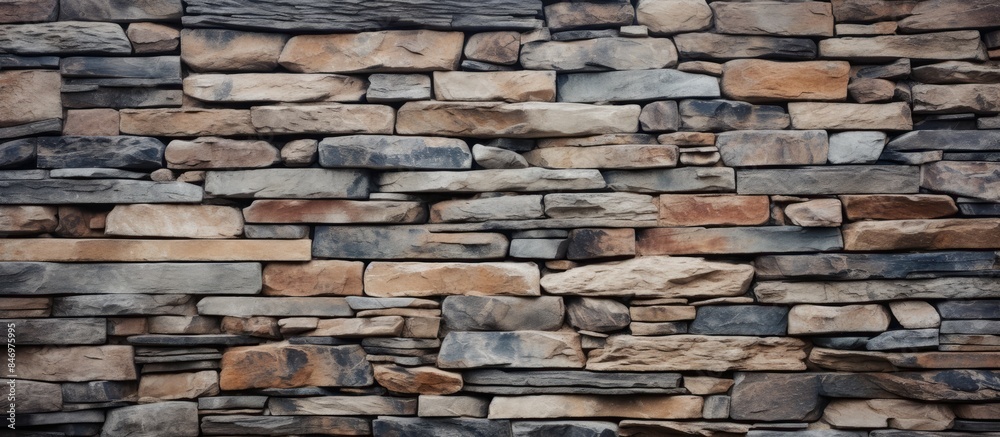 Poster Stone wall featuring a centrally placed fire hydrant, blending seamlessly with the rugged construction. with copy space image. Place for adding text or design