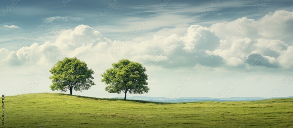 Leinwandbilder two trees are situated on a green hill with clouds in the sky overlooking a serene lake; a scenic vi