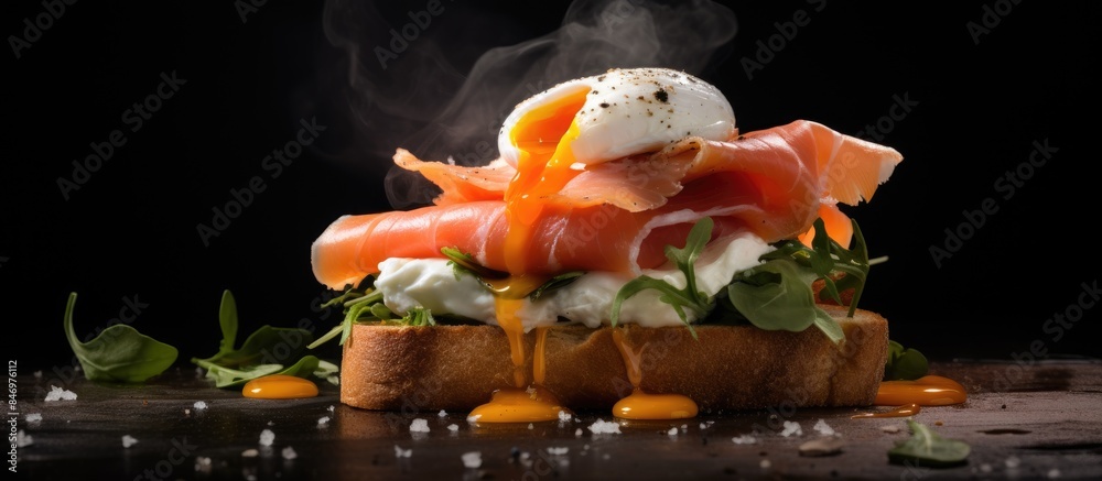 Poster delicious sandwich featuring poached egg, parma ham, and smoked salmon. with copy space image. place
