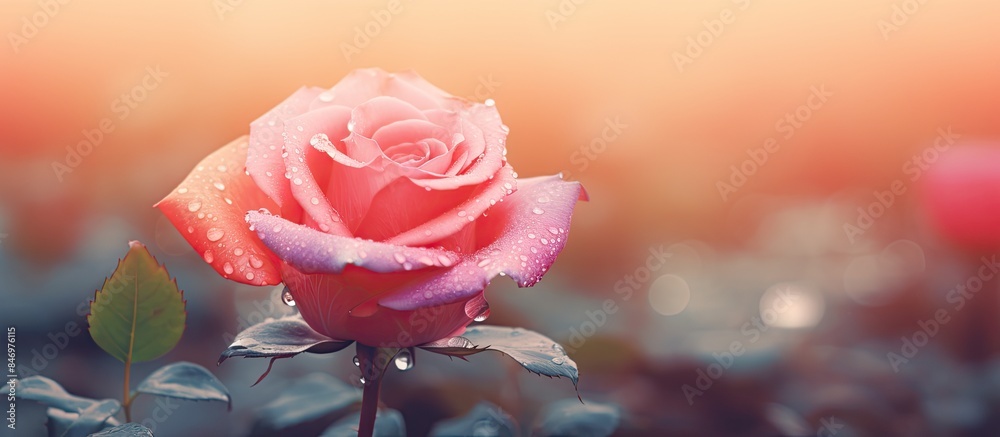 Aufkleber a pink rose covered in water droplets glistens in the sunlight. with copy space image. place for add