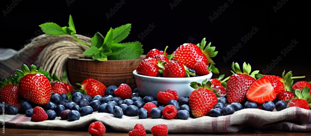Poster Abundant display of ripe strawberries and blueberries arranged on a rustic wooden tabletop. with copy space image. Place for adding text or design