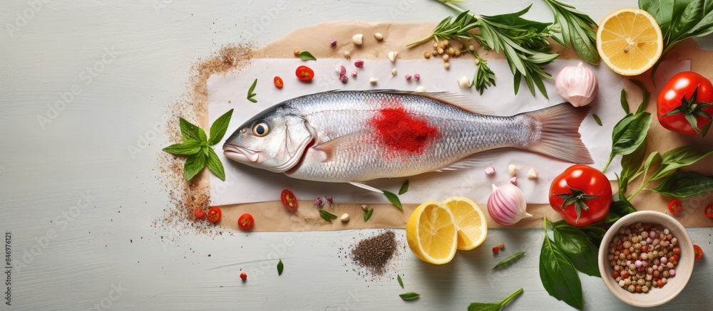 Aufkleber fresh fish with distinct red spots displayed on a wooden cutting board, ready for cooking, with ingr
