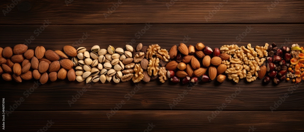 Aufkleber Assorted mix of nuts and seeds displayed on a wooden table for sale, including various grains and dry nuts. with copy space image. Place for adding text or design