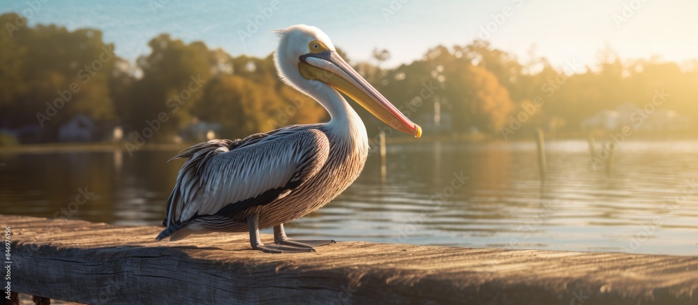 Aufkleber Pelican resting on wooden dock with river in background, enjoying the serene view. with copy space image. Place for adding text or design