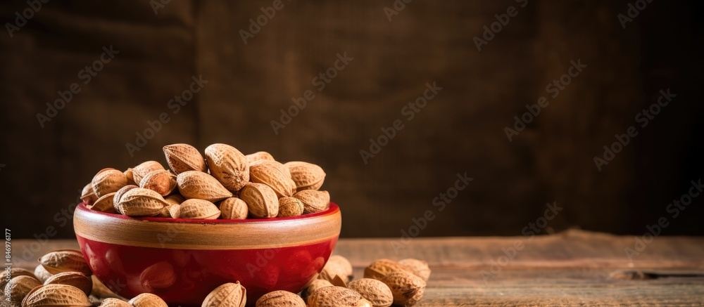Poster peanuts arranged in a bowl placed on a wooden table, highlighting the rustic background. with copy s