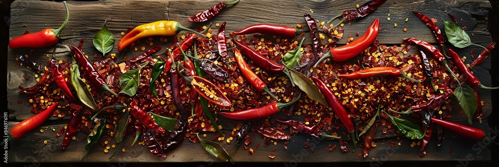 Poster A close-up view of fresh and dried chili peppers scattered on a rustic wooden surface. The vibrant colors of the peppers create a captivating display of culinary art. Generative AI