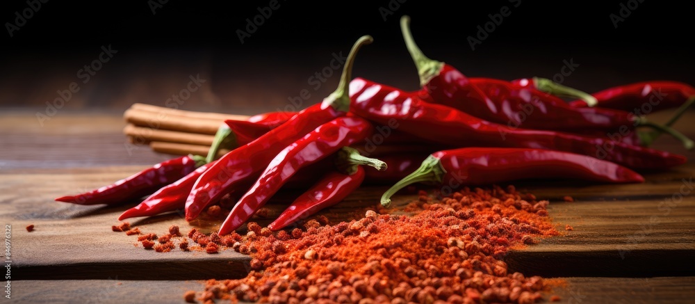Fototapete A variety of red chili peppers and cinnamon sticks arranged on a rustic wooden cutting board. with copy space image. Place for adding text or design