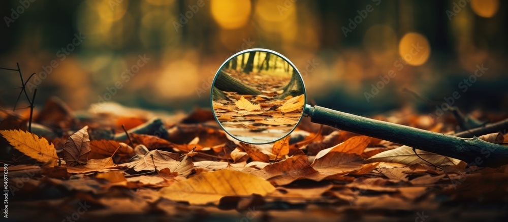 Poster magnifying glass closely examines the detailed textures of vibrant autumn leaves. with copy space im
