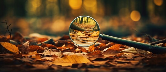 Magnifying glass closely examines the detailed textures of vibrant autumn leaves. with copy space image. Place for adding text or design