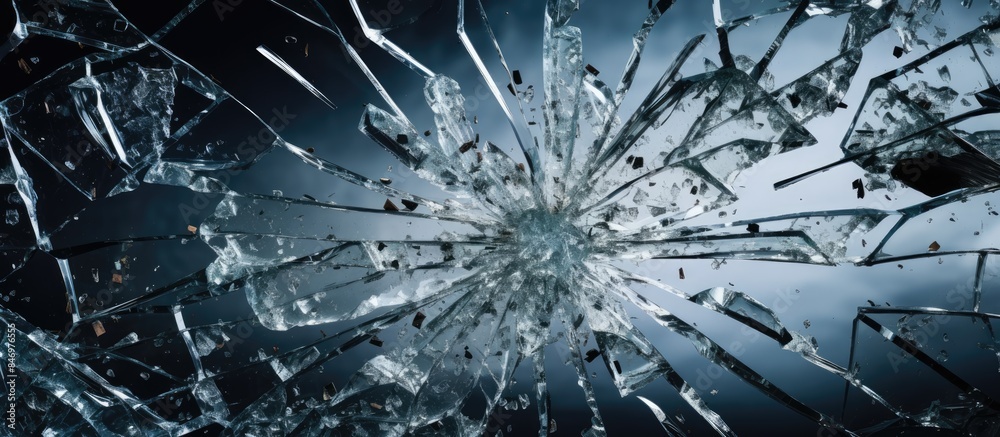 Poster Broken glass window shattered with the sky in the background after a shower door explosion cleanup. with copy space image. Place for adding text or design