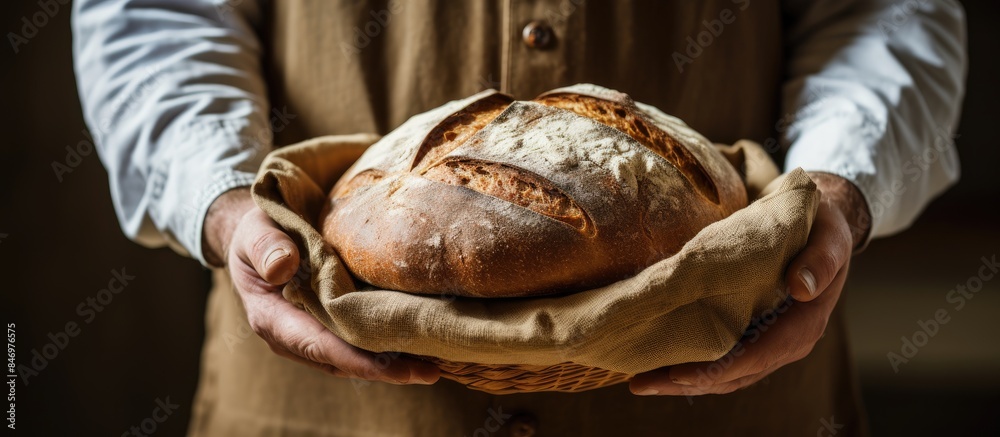 Fototapete a close-up image of an individual holding a wrapped loaf of bread, showcasing the comfort of homemad