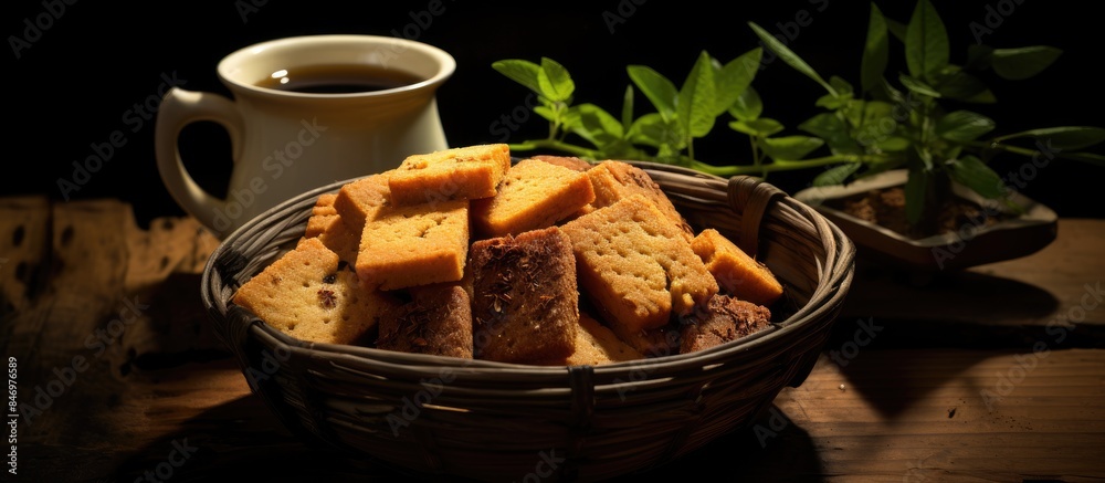 Poster display of a selection of bread varieties in a woven basket next to a hot cup of coffee. with copy s