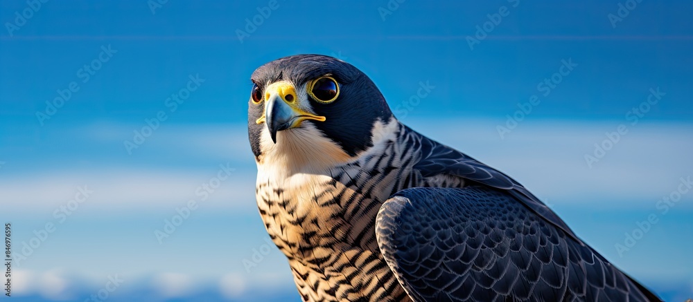 Poster Bird with bright yellow eyes perched on a rocky surface. with copy space image. Place for adding text or design