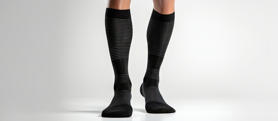 A woman is shown wearing knee high socks, providing compression for varicose veins and venous therapy, also suitable for sports, isolated on a white background. with copy space image