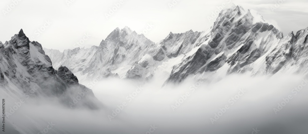 Poster Snow-covered cliffs and towering mountains in the majestic Alps. with copy space image. Place for adding text or design