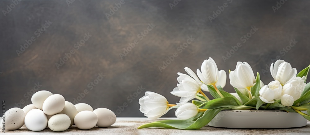 Fototapete white eggs and white tulips placed together in a bowl on a flat surface, creating a simple yet elega