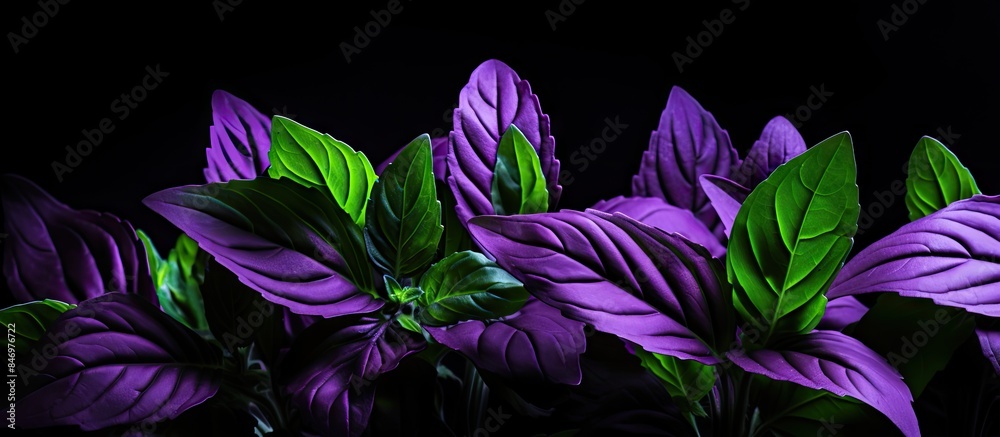 Aufkleber purple flowers and vibrant green leaves arranged in a vase set against a sleek black backdrop. with 