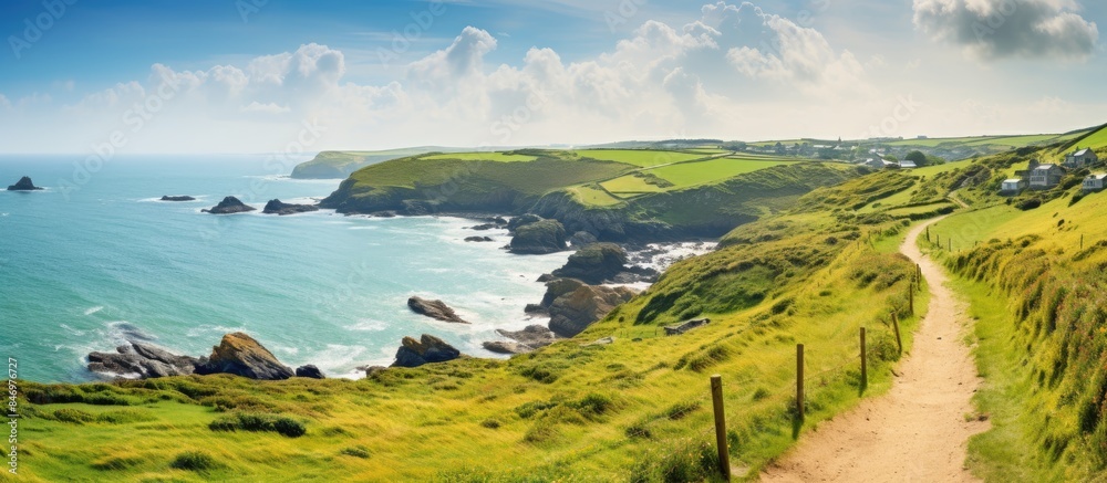 Poster A scenic view of a path leading to a beach with lush green grass growing on a hillside. with copy space image. Place for adding text or design