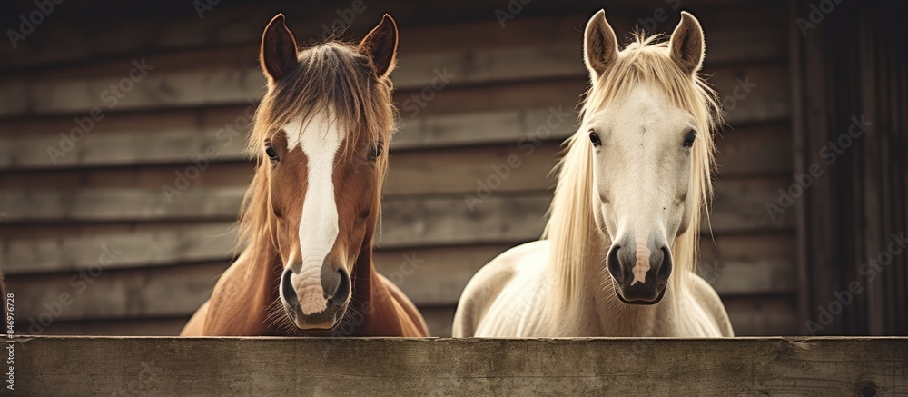 Poster Gorgeous pair of horses standing gracefully behind a wooden fence on a farm. with copy space image. Place for adding text or design