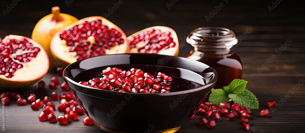 Aufkleber Ripe pomegranate in a bowl next to a neatly sliced half of the fruit, showcasing freshness and vibrant colors. with copy space image. Place for adding text or design