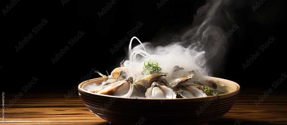 Poster bowl filled with steamed clams releasing hot steam, perfect for a seafood feast. with copy space ima