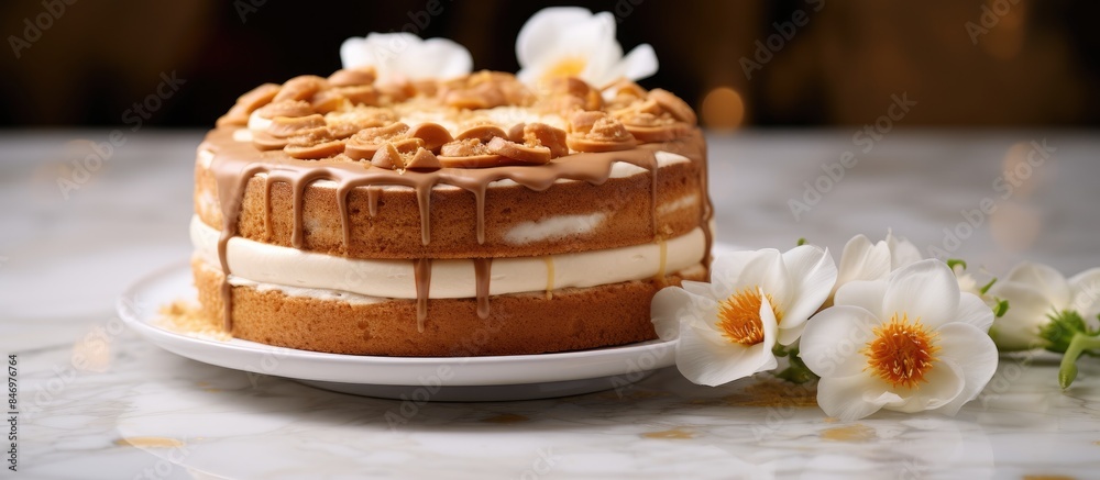 Poster cake decorated with a layer of sweet frosting and beautiful edible flowers on the table. with copy s