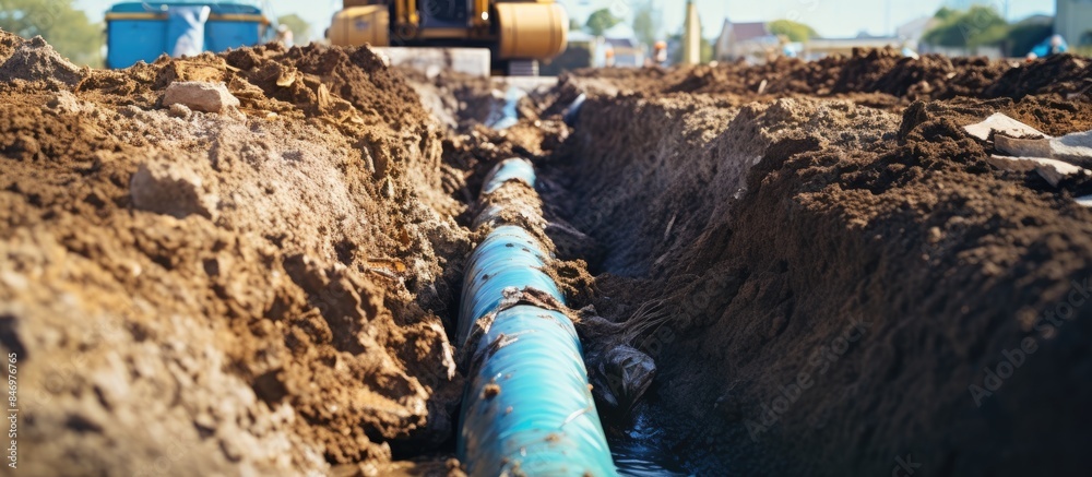 Poster Excavation and installation of water delivery system with bulldozer clearing dirt for pipe laying. with copy space image. Place for adding text or design