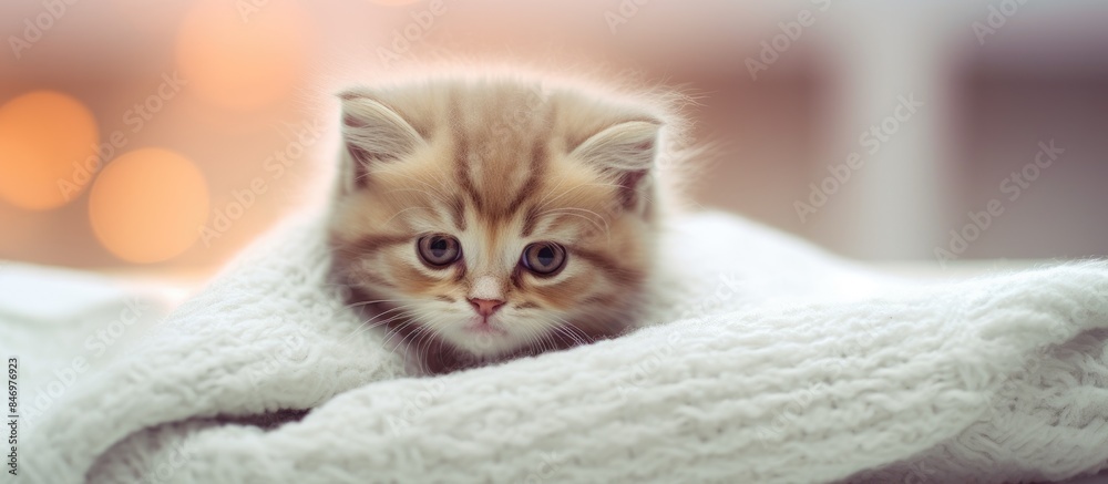 Poster small baby cat lounging on cozy fabric during winter with a vintage hue. with copy space image. plac