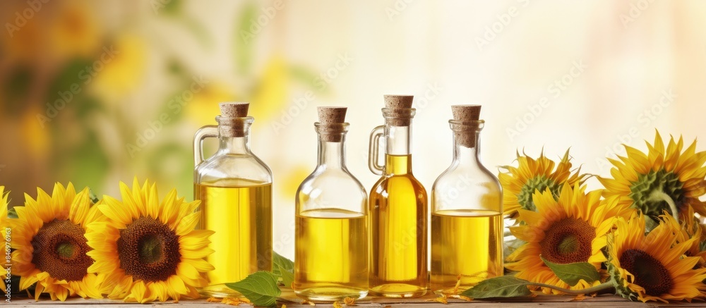 Leinwandbilder sunflowers and a bottle of sunflower oil displayed on a rustic wooden table. with copy space image. 