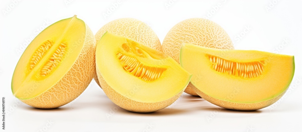 Aufkleber a close-up view of a watermelon slice with one half cut into halves, isolated on a white background.