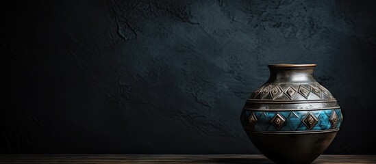 Antique vase in focus against a dim background, showcasing its aged beauty and intricate details. with copy space image. Place for adding text or design
